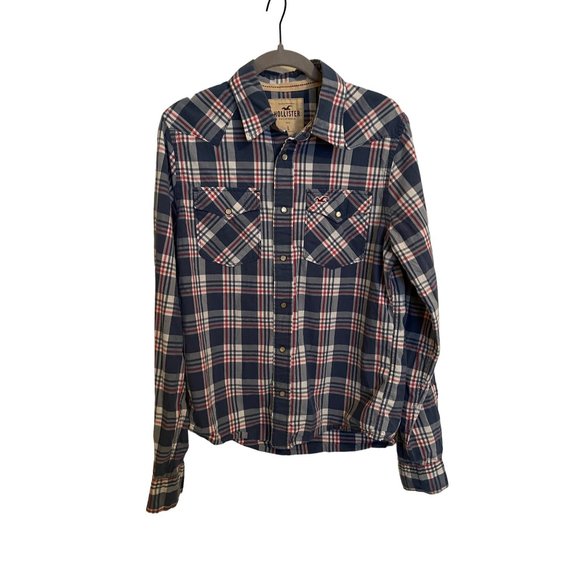Hollister snap button shirt size Large plaid blue - Picture 1 of 8